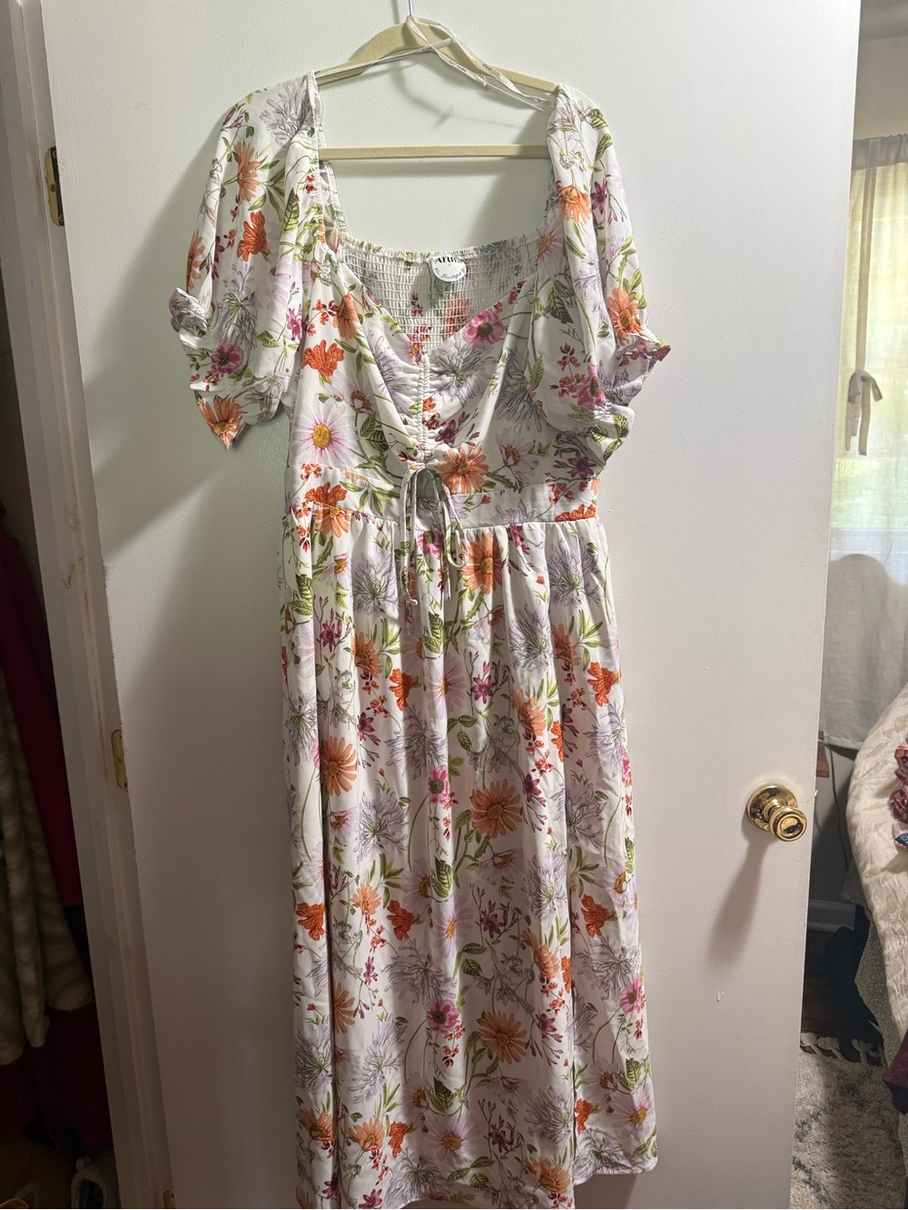 ARULA White Floral Tie-Waist Midi Dress with Orange & Pink Blooms